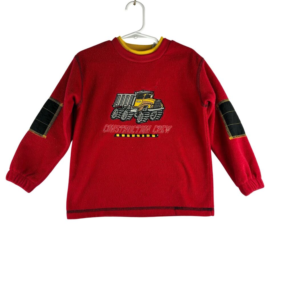 Vintage Boys 4T Fleece Construction Crew Truck Sweater Light Wear&Small Hole Red